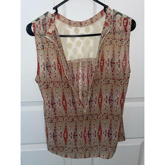 Tulle short sleeved top Medium Tan/Navy/Red colors beautiful tulle insert - Picture 10 of 14